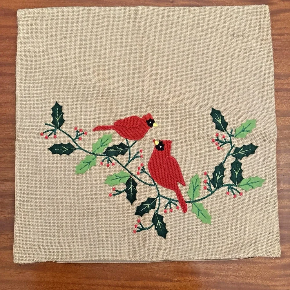 Burlap Pillow Cover Embroidered Cardinals & Holly Berries – 15.5